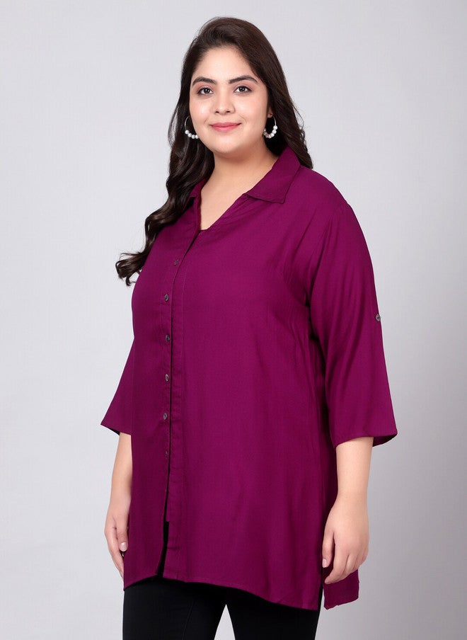 Indietoga Plus Size Classic Spread Collar Longline Casual Shirt - Image 4
